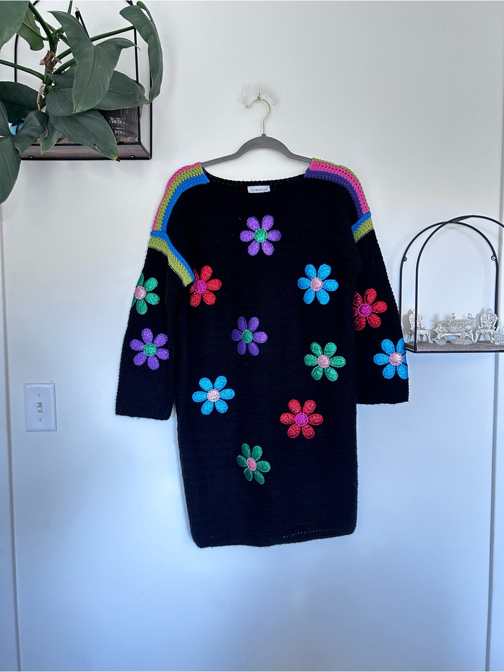 Flower Power Floral Cable Knit Oversized Crewneck Sweater Size Large